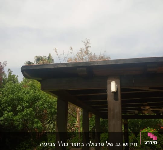 גג עץ עם קורות תומכות ומנורה תלויה